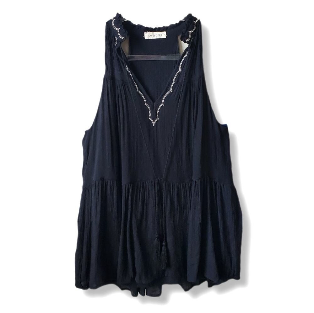 Women Black Sleeveless V Neck Embroidered Babydoll Top S Boho Whimsygoth Fairy